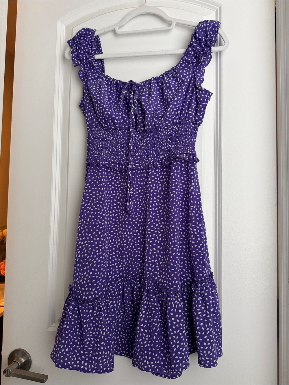 Purple Ruffle-Trim Smocked Sundress with White Dash Print
